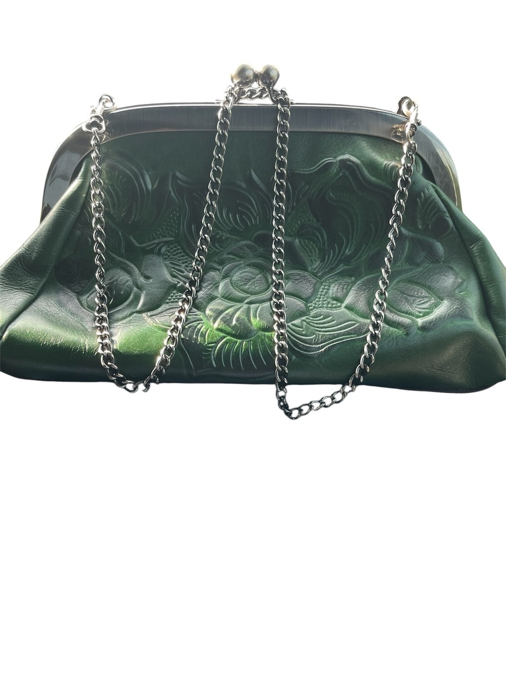 👛125- Patricia Nash Emerald Green Floral Embossed Frame Clutch with Chain